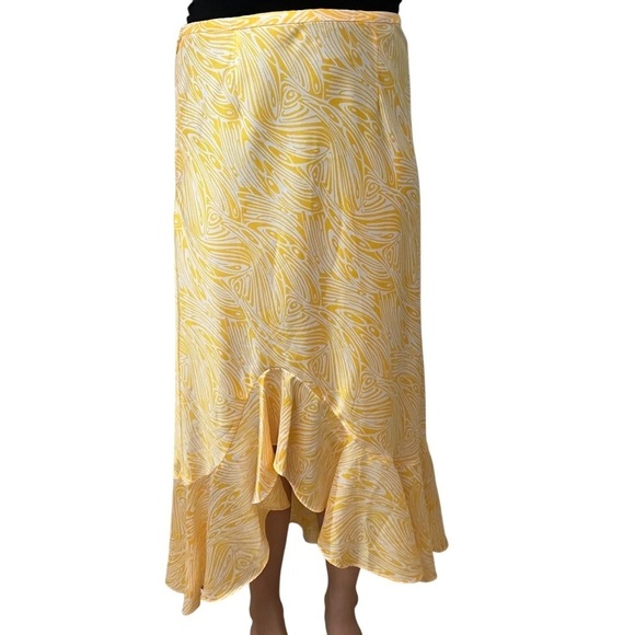 Cinq A Sept Midi Skirt Valencia Ruffle Yellow White Satin Dainty Size 8 Mediun - Picture 1 of 6